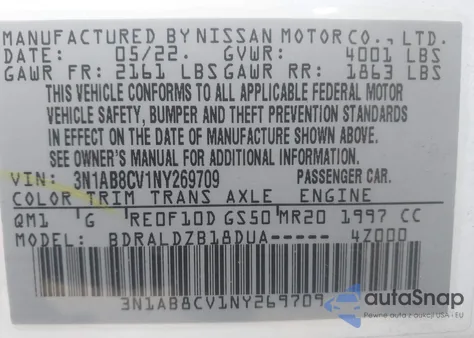 2022 Nissan Sentra Sv Xtronic Cvt z USA, uszkodzony, nr VIN 3N1AB8CV1NY269709